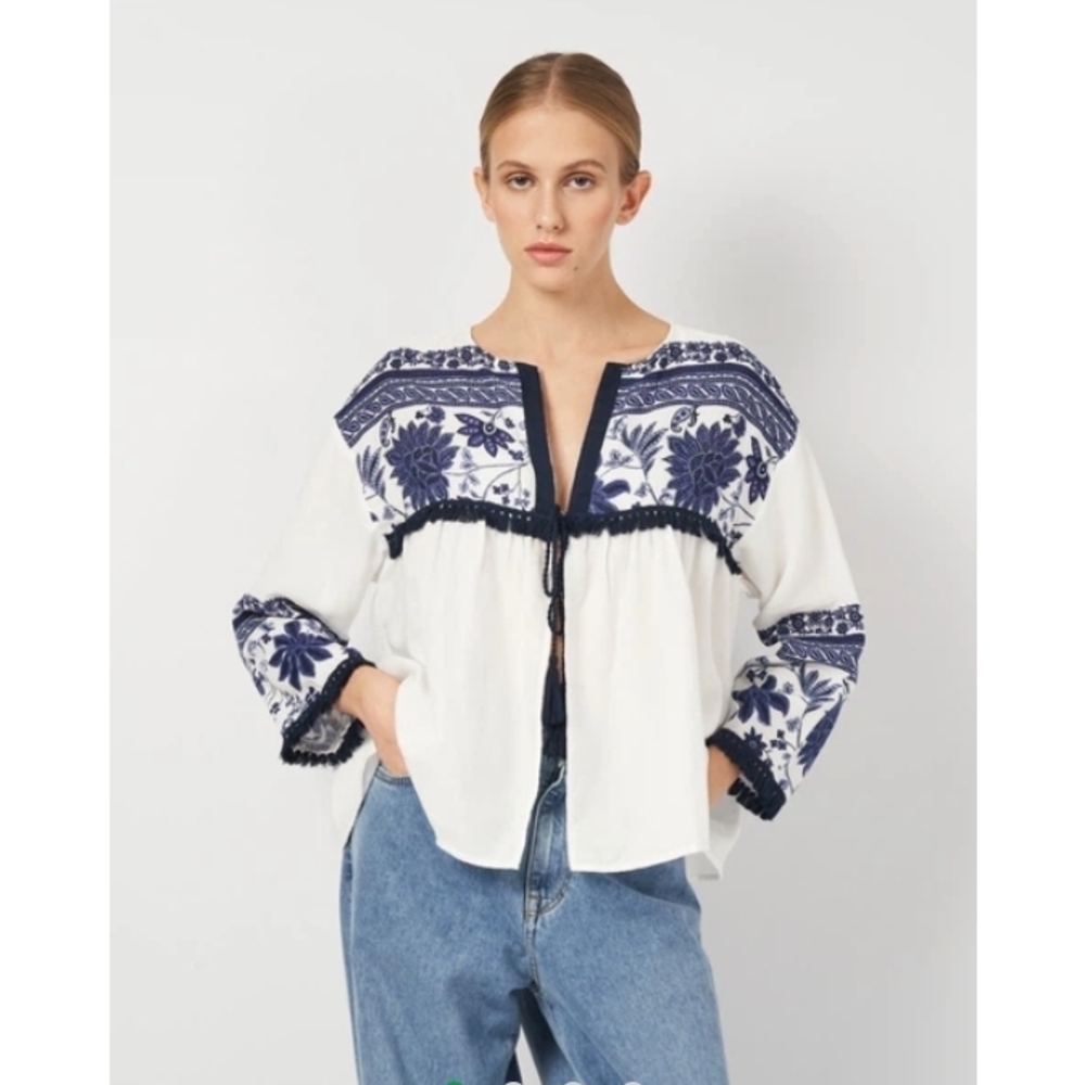 Zara White and Blue Cardigan Blouse Size Small